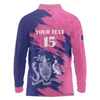 Custom Barbados Royals Cricket Long Sleeve Polo Shirt Coat Of Arms Pink - Blue Color