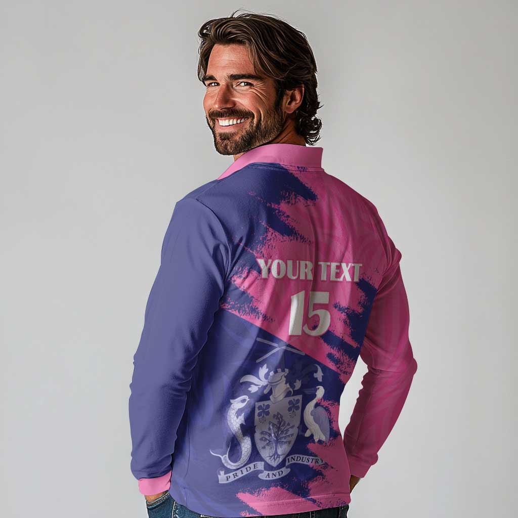 Custom Barbados Royals Cricket Long Sleeve Polo Shirt Coat Of Arms Pink - Blue Color
