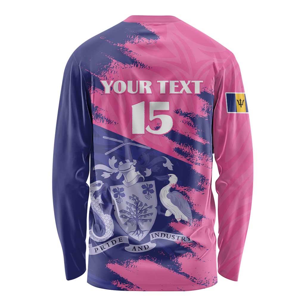Custom Barbados Royals Cricket Long Sleeve Shirt Coat Of Arms Pink - Blue Color