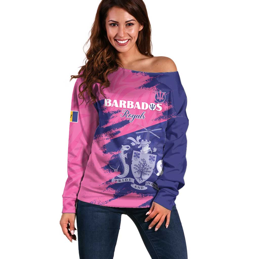 Custom Barbados Royals Cricket Off Shoulder Sweater Coat Of Arms Pink - Blue Color