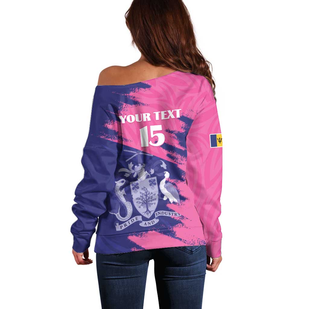 Custom Barbados Royals Cricket Off Shoulder Sweater Coat Of Arms Pink - Blue Color