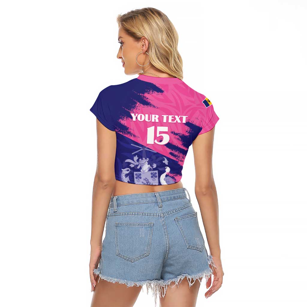 Custom Barbados Royals Cricket Raglan Cropped T Shirt Coat Of Arms Pink - Blue Color