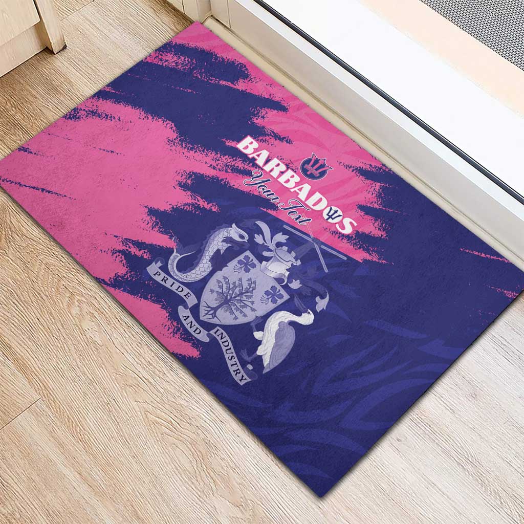 Custom Barbados Royals Cricket Rubber Doormat Coat Of Arms Pink - Blue Color