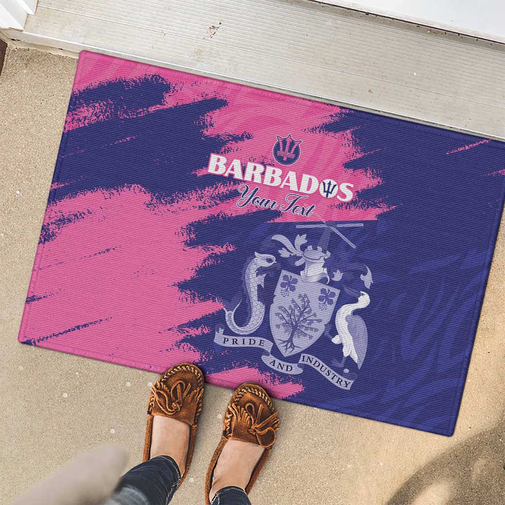 Custom Barbados Royals Cricket Rubber Doormat Coat Of Arms Pink - Blue Color