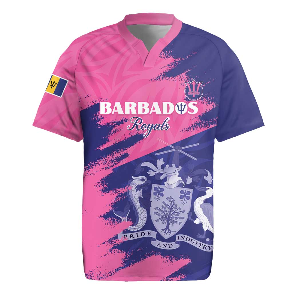 Custom Barbados Royals Cricket Rugby Jersey Coat Of Arms Pink - Blue Color