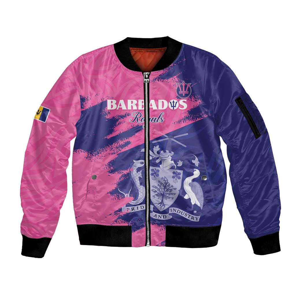 Custom Barbados Royals Cricket Sleeve Zip Bomber Jacket Coat Of Arms Pink - Blue Color