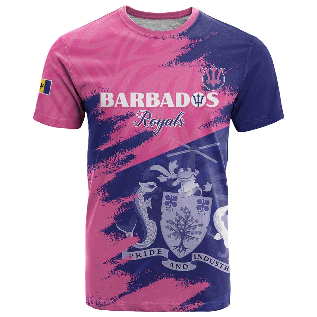 Custom Barbados Royals Cricket T Shirt Coat Of Arms Pink - Blue Color