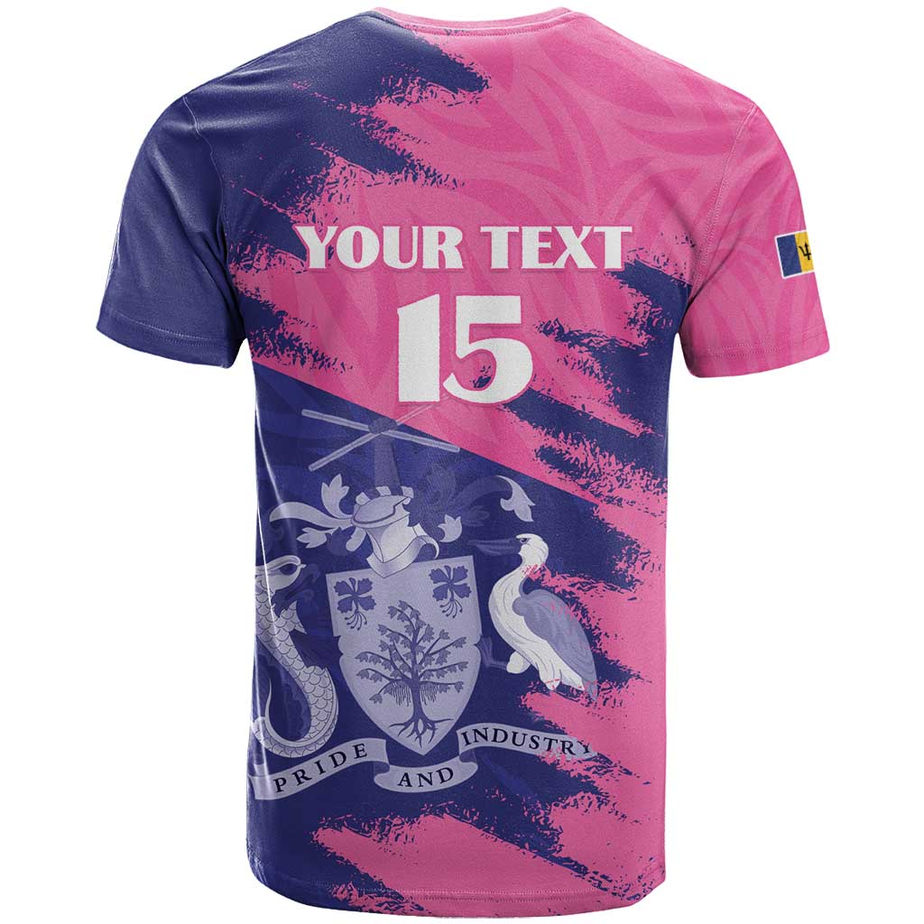 Custom Barbados Royals Cricket T Shirt Coat Of Arms Pink - Blue Color