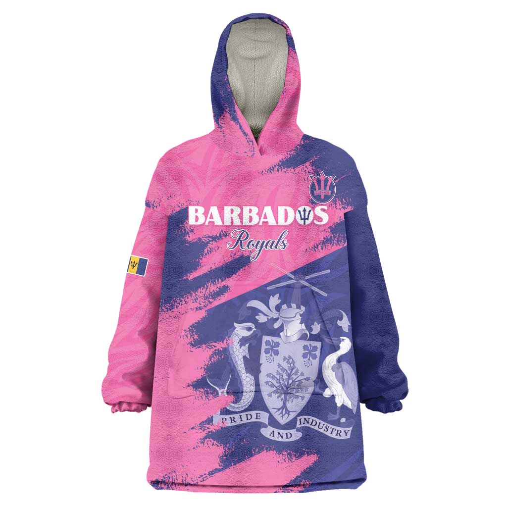Custom Barbados Royals Cricket Wearable Blanket Hoodie Coat Of Arms Pink - Blue Color