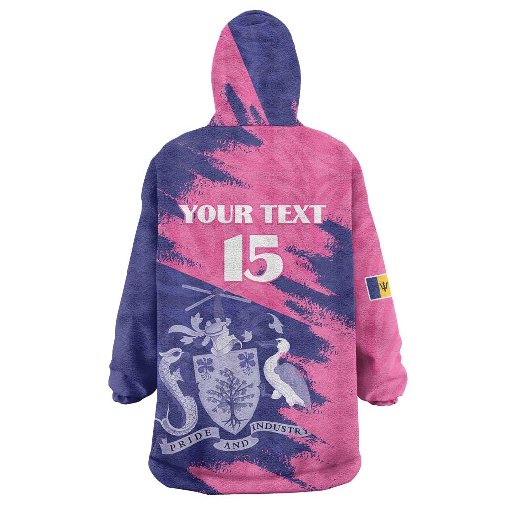 Custom Barbados Royals Cricket Wearable Blanket Hoodie Coat Of Arms Pink - Blue Color
