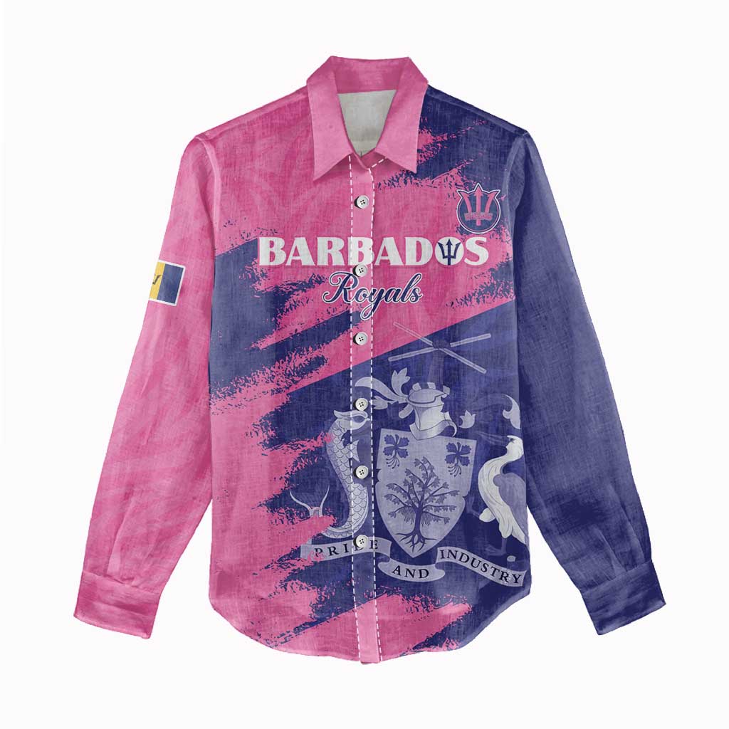 Custom Barbados Royals Cricket Women Casual Shirt Coat Of Arms Pink - Blue Color