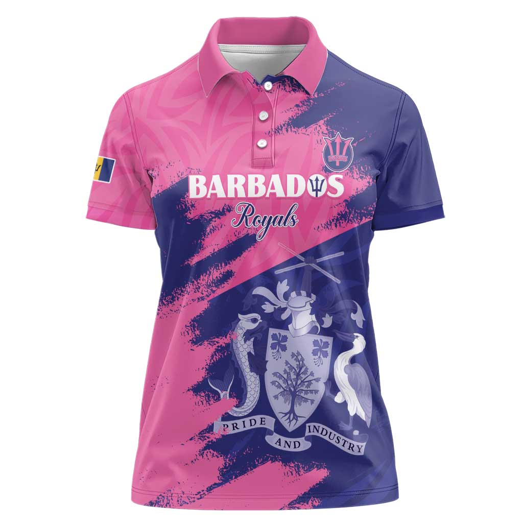 Custom Barbados Royals Cricket Women Polo Shirt Coat Of Arms Pink - Blue Color