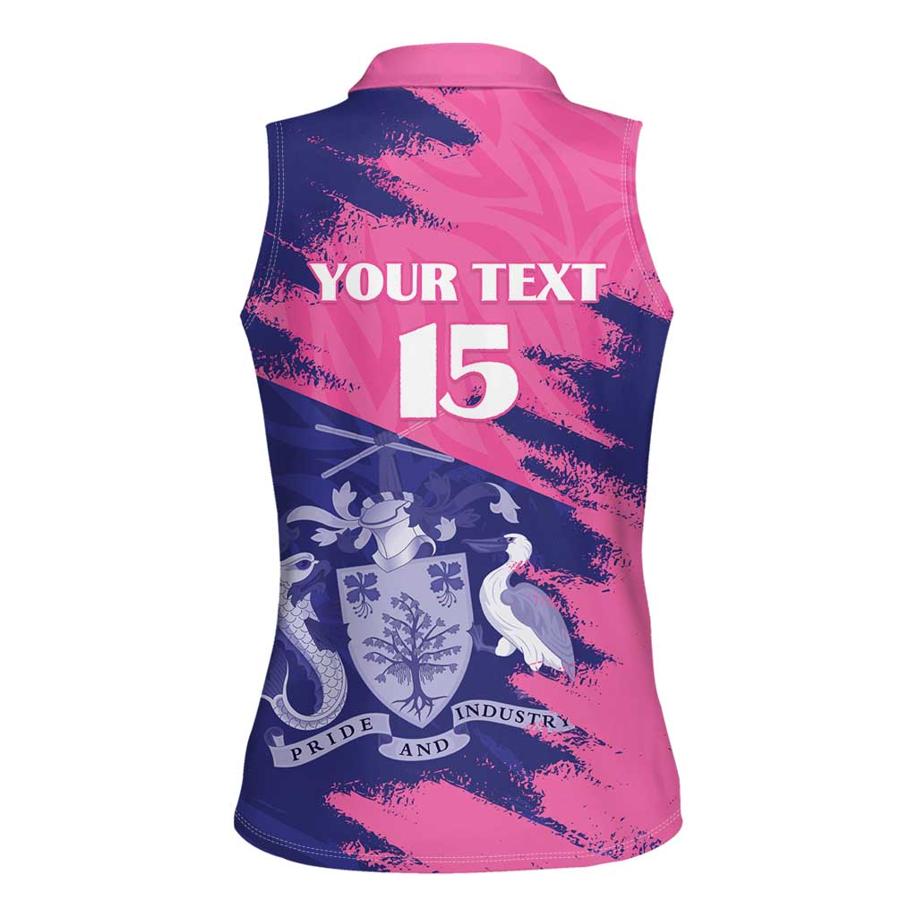 Custom Barbados Royals Cricket Women Sleeveless Polo Shirt Coat Of Arms Pink - Blue Color