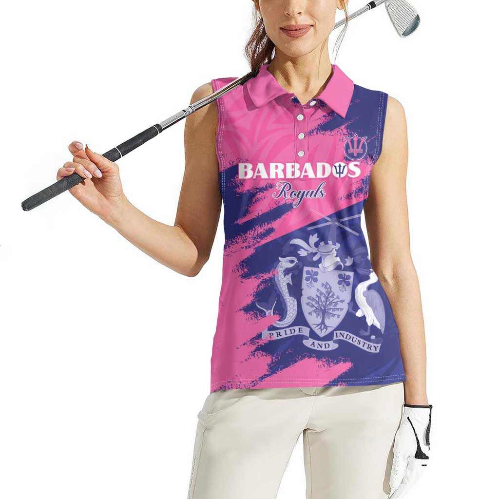 Custom Barbados Royals Cricket Women Sleeveless Polo Shirt Coat Of Arms Pink - Blue Color