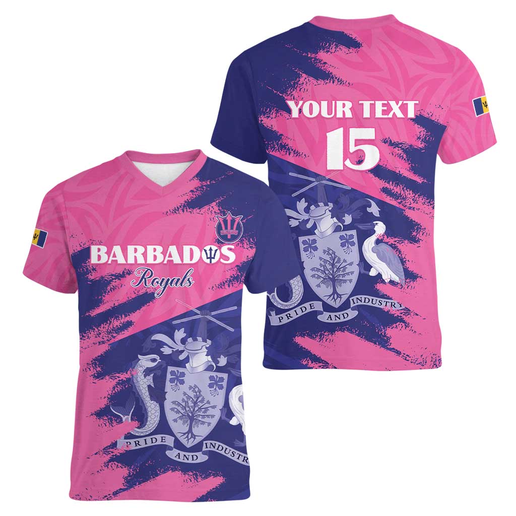 Custom Barbados Royals Cricket Women V-Neck T-Shirt Coat Of Arms Pink - Blue Color
