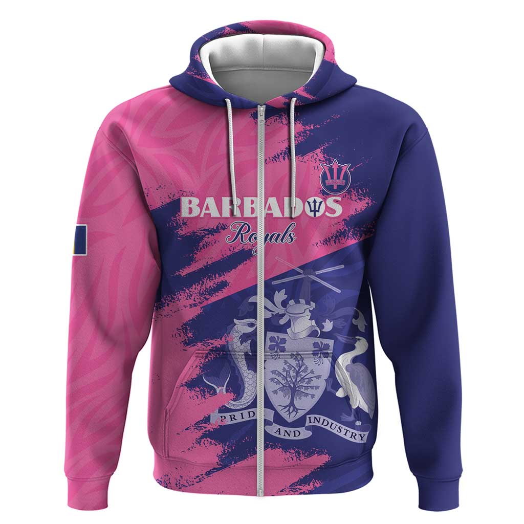 Custom Barbados Royals Cricket Zip Hoodie Coat Of Arms Pink - Blue Color