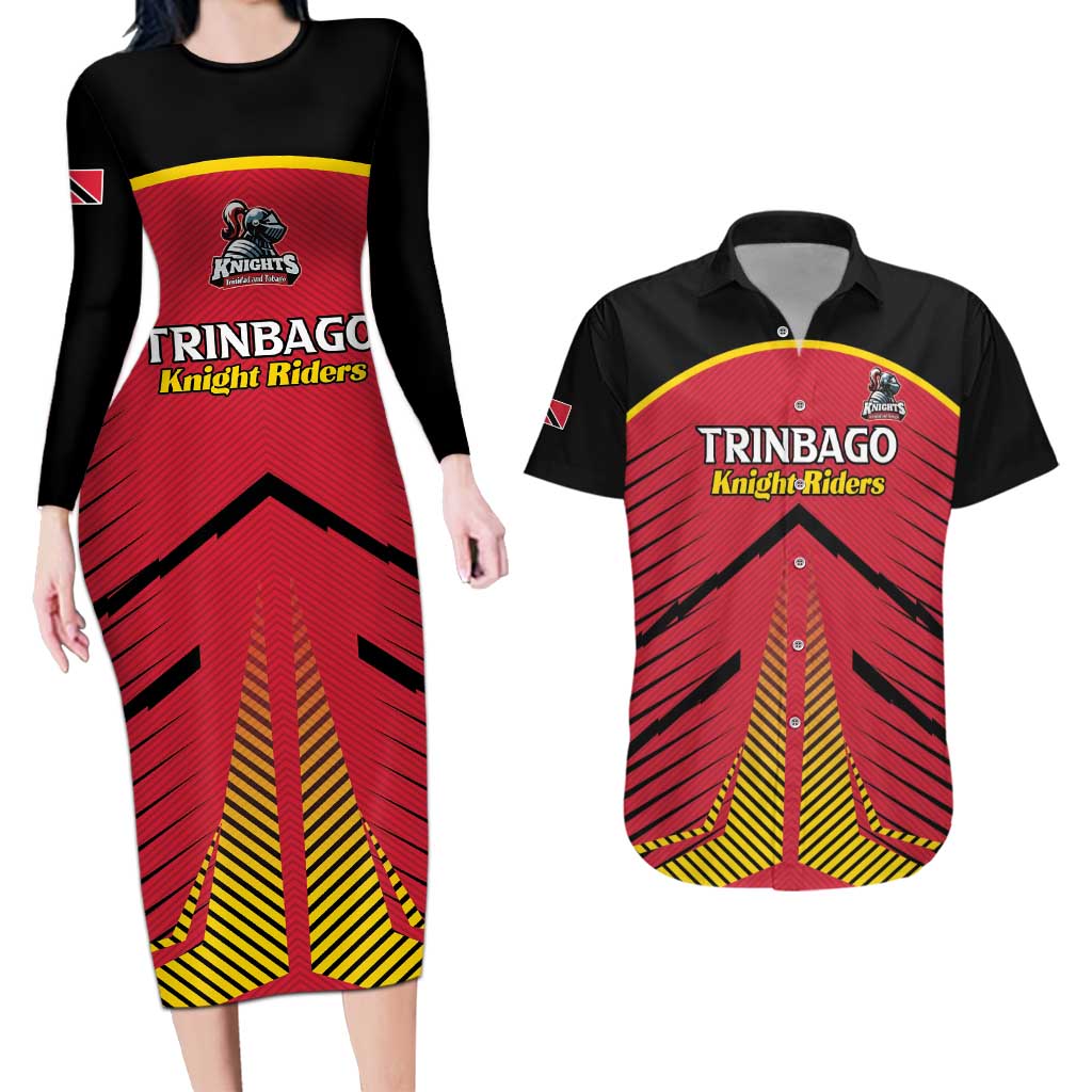 Custom Trinidad and Tobago Cricket Couples Matching Long Sleeve Bodycon Dress and Hawaiian Shirt Wave Yuh Flag - Trinbago Strong