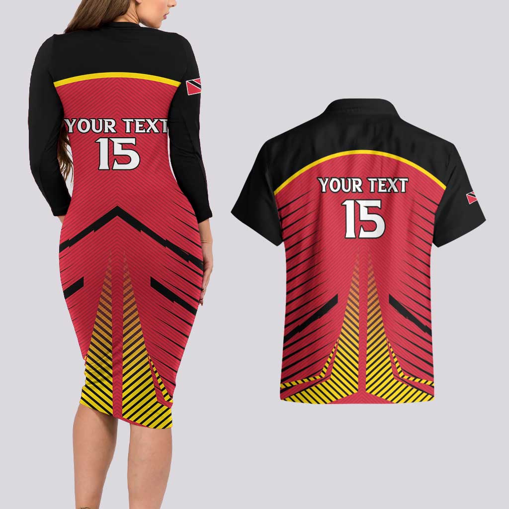 Custom Trinidad and Tobago Cricket Couples Matching Long Sleeve Bodycon Dress and Hawaiian Shirt Wave Yuh Flag - Trinbago Strong