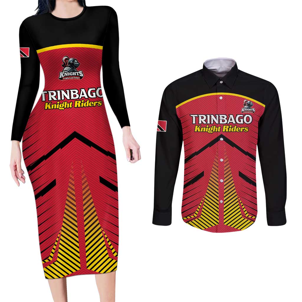 Custom Trinidad and Tobago Cricket Couples Matching Long Sleeve Bodycon Dress and Long Sleeve Button Shirt Wave Yuh Flag - Trinbago Strong
