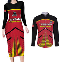 Custom Trinidad and Tobago Cricket Couples Matching Long Sleeve Bodycon Dress and Long Sleeve Button Shirt Wave Yuh Flag - Trinbago Strong