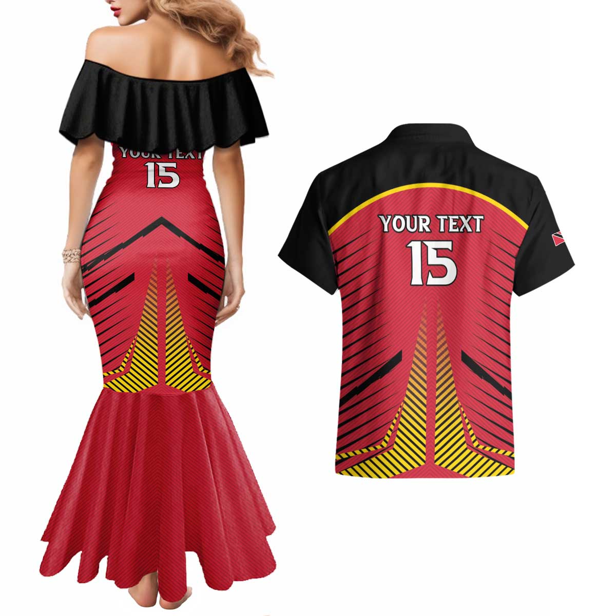 Custom Trinidad and Tobago Cricket Couples Matching Mermaid Dress and Hawaiian Shirt Wave Yuh Flag - Trinbago Strong