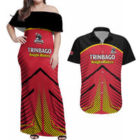 Custom Trinidad and Tobago Cricket Couples Matching Off Shoulder Maxi Dress and Hawaiian Shirt Wave Yuh Flag - Trinbago Strong