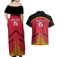 Custom Trinidad and Tobago Cricket Couples Matching Off Shoulder Maxi Dress and Hawaiian Shirt Wave Yuh Flag - Trinbago Strong