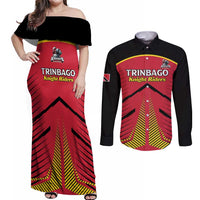 Custom Trinidad and Tobago Cricket Couples Matching Off Shoulder Maxi Dress and Long Sleeve Button Shirt Wave Yuh Flag - Trinbago Strong