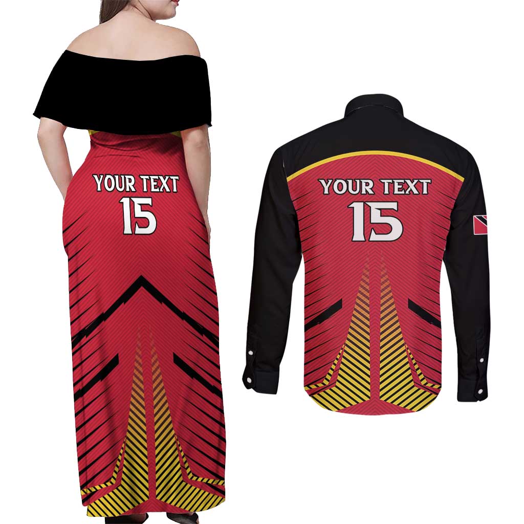 Custom Trinidad and Tobago Cricket Couples Matching Off Shoulder Maxi Dress and Long Sleeve Button Shirt Wave Yuh Flag - Trinbago Strong
