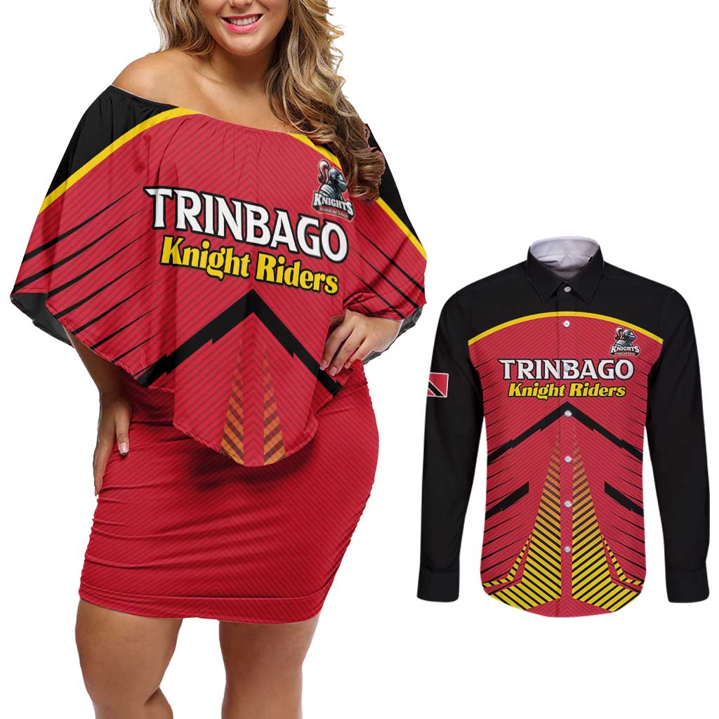 Custom Trinidad and Tobago Cricket Couples Matching Off Shoulder Short Dress and Long Sleeve Button Shirt Wave Yuh Flag - Trinbago Strong