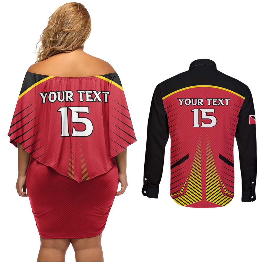 Custom Trinidad and Tobago Cricket Couples Matching Off Shoulder Short Dress and Long Sleeve Button Shirt Wave Yuh Flag - Trinbago Strong