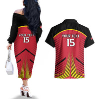 Custom Trinidad and Tobago Cricket Couples Matching Off The Shoulder Long Sleeve Dress and Hawaiian Shirt Wave Yuh Flag - Trinbago Strong
