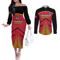 Custom Trinidad and Tobago Cricket Couples Matching Off The Shoulder Long Sleeve Dress and Long Sleeve Button Shirt Wave Yuh Flag - Trinbago Strong
