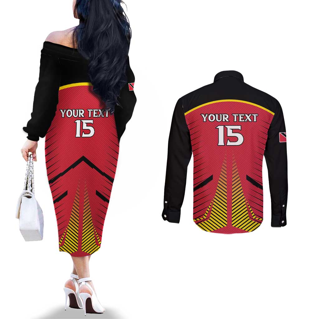 Custom Trinidad and Tobago Cricket Couples Matching Off The Shoulder Long Sleeve Dress and Long Sleeve Button Shirt Wave Yuh Flag - Trinbago Strong
