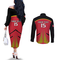 Custom Trinidad and Tobago Cricket Couples Matching Off The Shoulder Long Sleeve Dress and Long Sleeve Button Shirt Wave Yuh Flag - Trinbago Strong