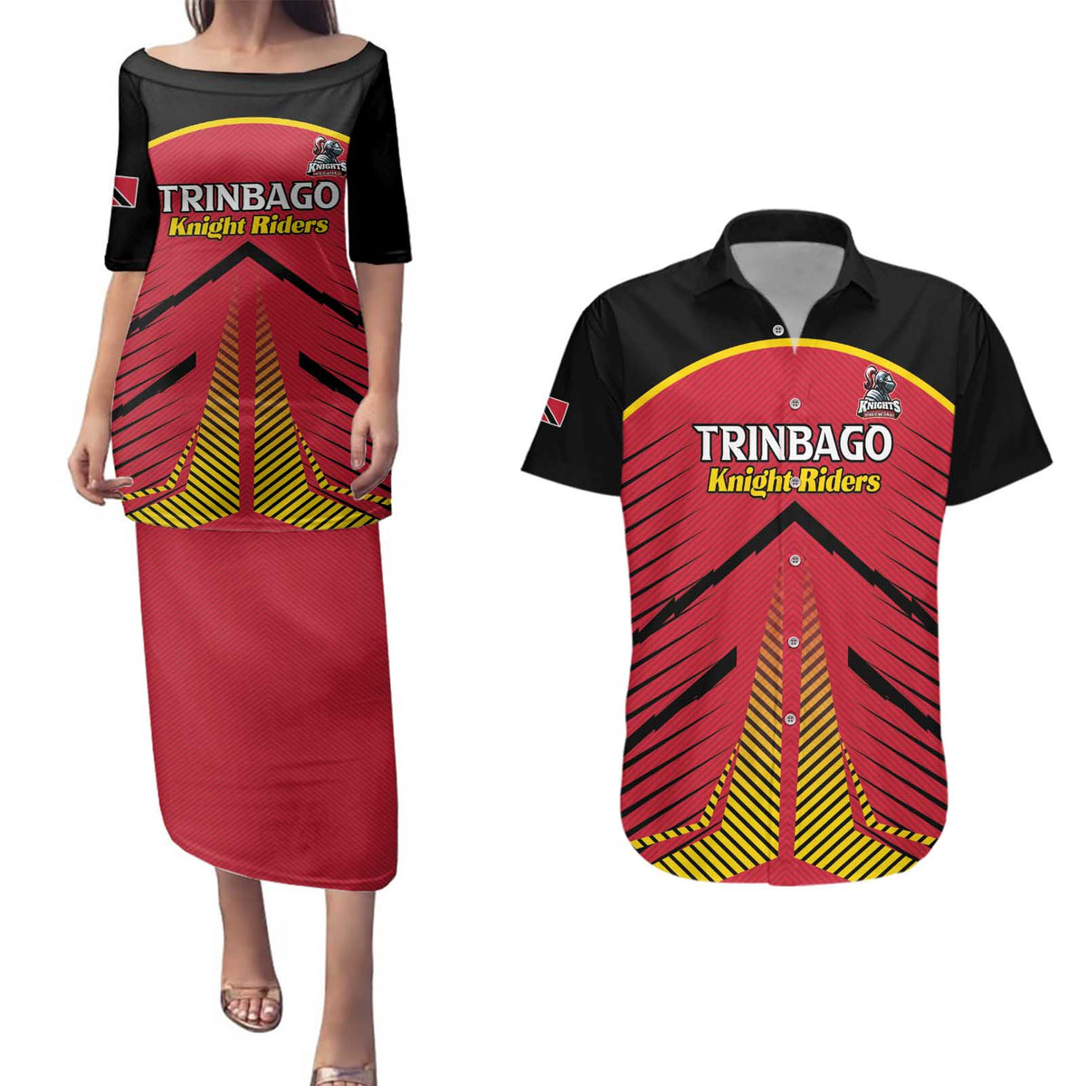 Custom Trinidad and Tobago Cricket Couples Matching Puletasi and Hawaiian Shirt Wave Yuh Flag - Trinbago Strong