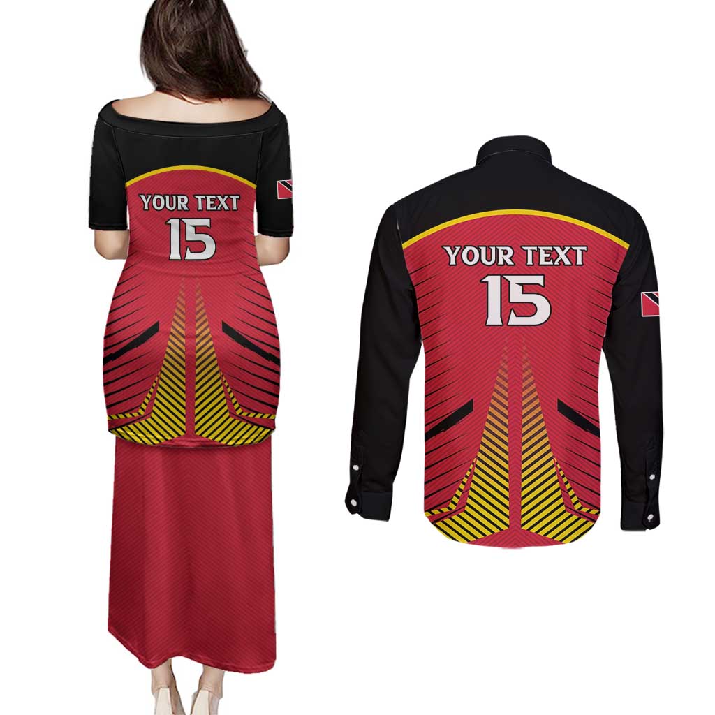 Custom Trinidad and Tobago Cricket Couples Matching Puletasi and Long Sleeve Button Shirt Wave Yuh Flag - Trinbago Strong
