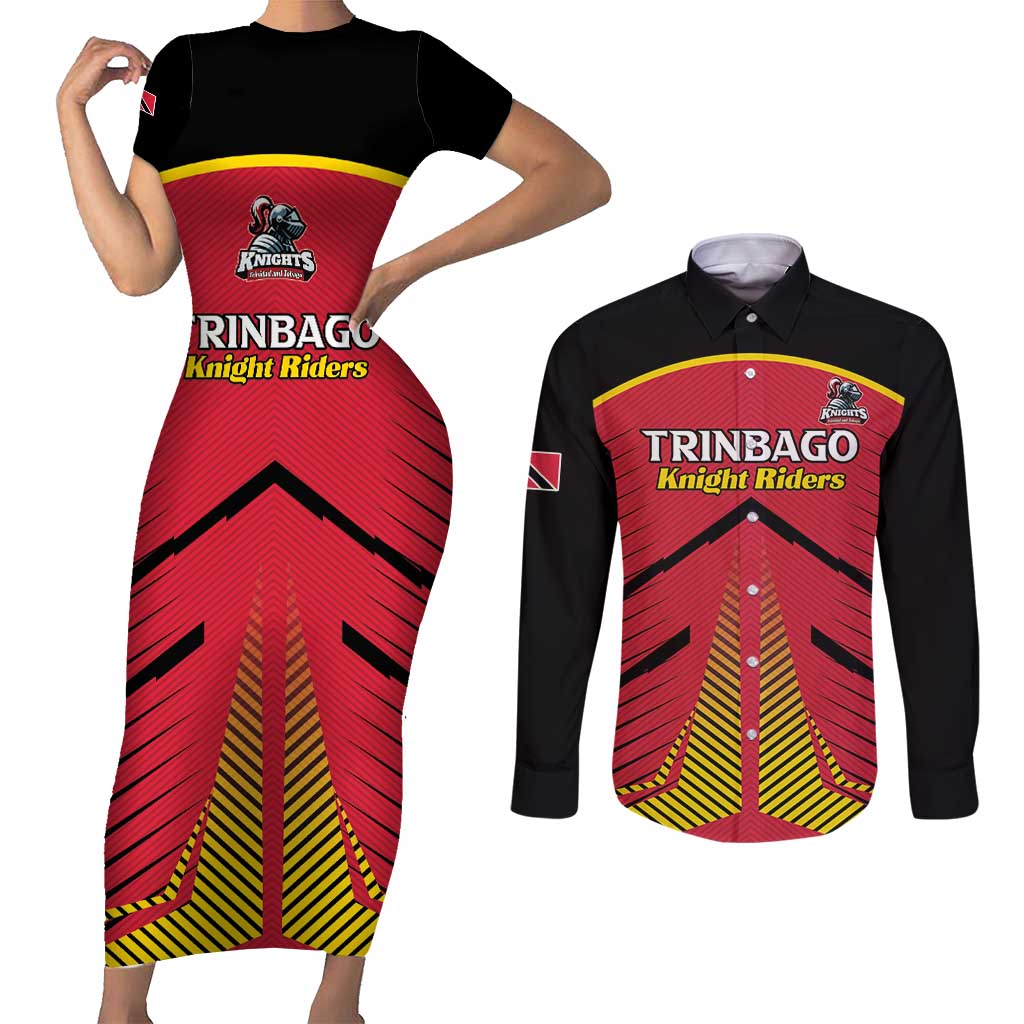 Custom Trinidad and Tobago Cricket Couples Matching Short Sleeve Bodycon Dress and Long Sleeve Button Shirt Wave Yuh Flag - Trinbago Strong