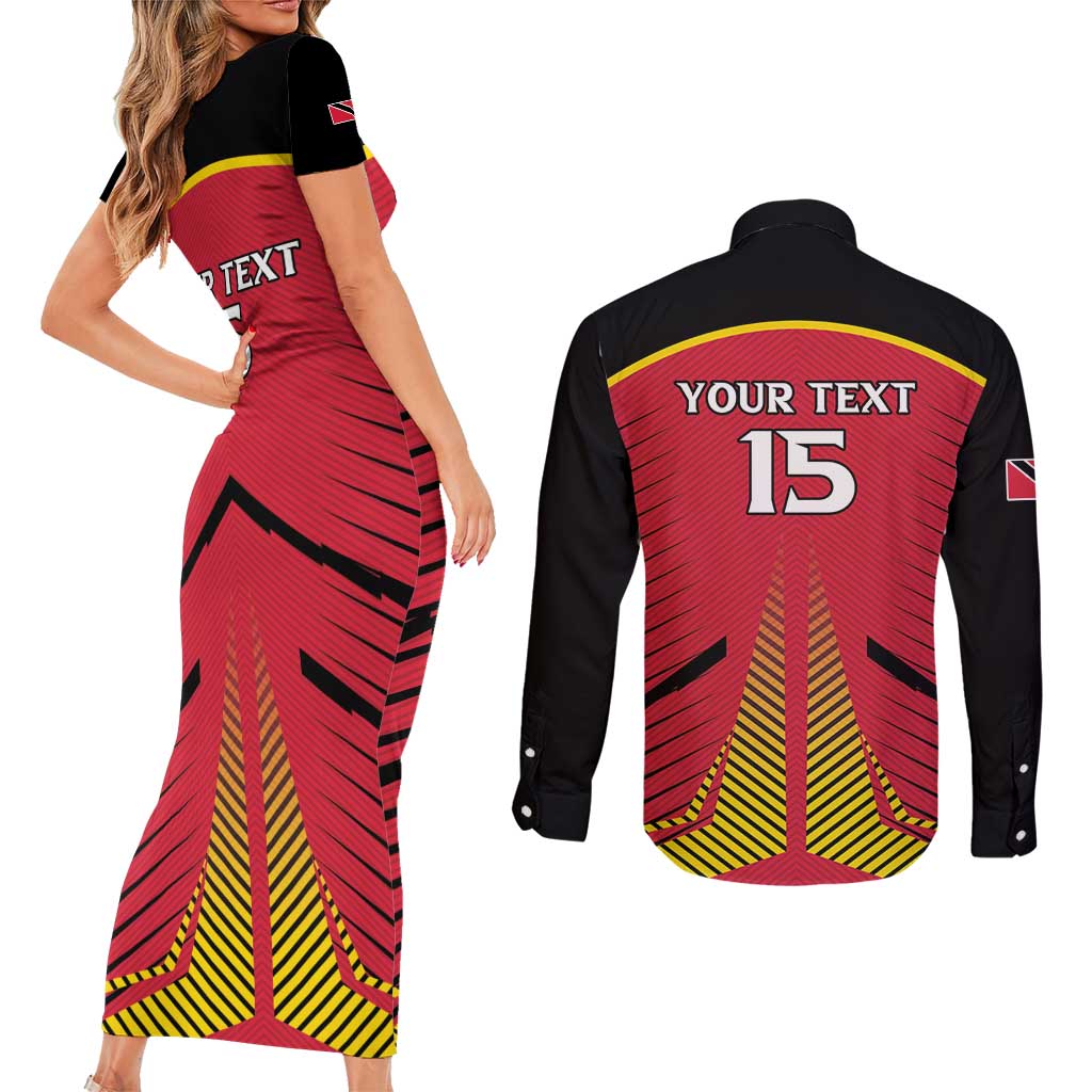 Custom Trinidad and Tobago Cricket Couples Matching Short Sleeve Bodycon Dress and Long Sleeve Button Shirt Wave Yuh Flag - Trinbago Strong
