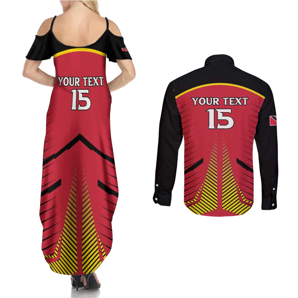 Custom Trinidad and Tobago Cricket Couples Matching Summer Maxi Dress and Long Sleeve Button Shirt Wave Yuh Flag - Trinbago Strong