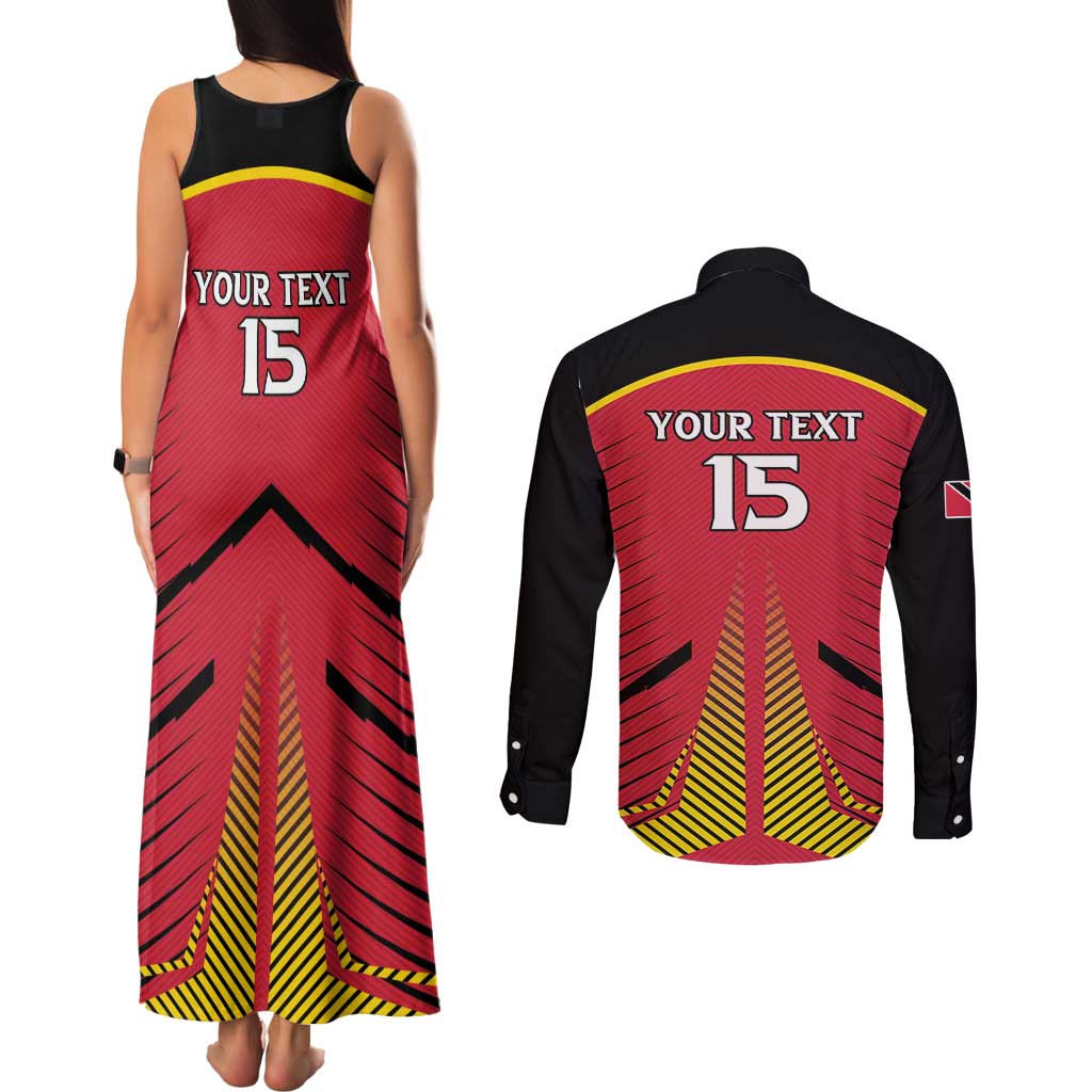 Custom Trinidad and Tobago Cricket Couples Matching Tank Maxi Dress and Long Sleeve Button Shirt Wave Yuh Flag - Trinbago Strong