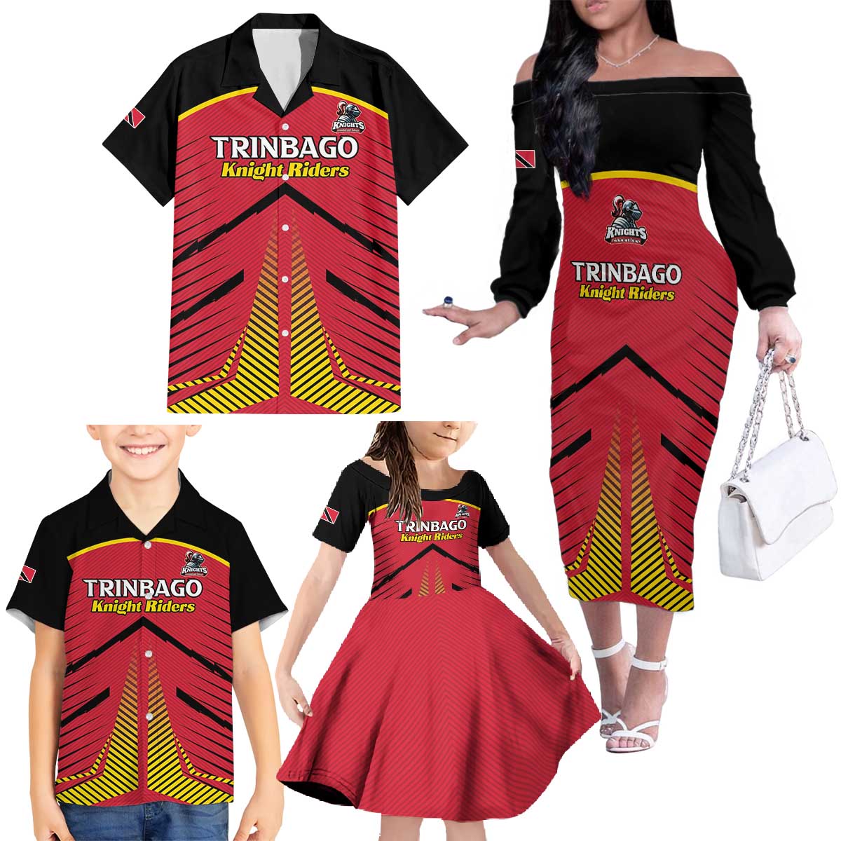 Custom Trinidad and Tobago Cricket Family Matching Off The Shoulder Long Sleeve Dress and Hawaiian Shirt Wave Yuh Flag - Trinbago Strong