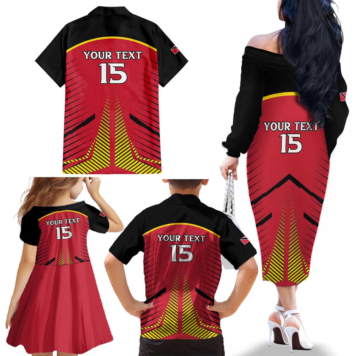 Custom Trinidad and Tobago Cricket Family Matching Off The Shoulder Long Sleeve Dress and Hawaiian Shirt Wave Yuh Flag - Trinbago Strong