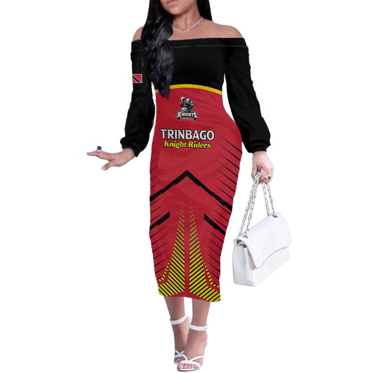 Custom Trinidad and Tobago Cricket Family Matching Off The Shoulder Long Sleeve Dress and Hawaiian Shirt Wave Yuh Flag - Trinbago Strong