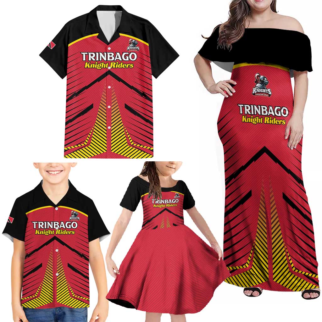 Custom Trinidad and Tobago Cricket Family Matching Off Shoulder Maxi Dress and Hawaiian Shirt Wave Yuh Flag - Trinbago Strong