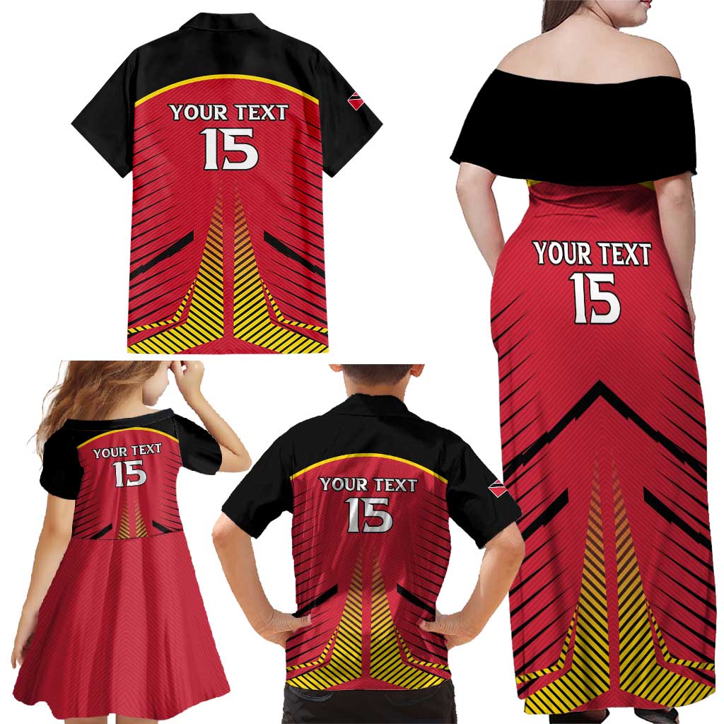 Custom Trinidad and Tobago Cricket Family Matching Off Shoulder Maxi Dress and Hawaiian Shirt Wave Yuh Flag - Trinbago Strong