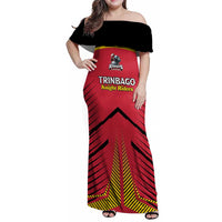 Custom Trinidad and Tobago Cricket Family Matching Off Shoulder Maxi Dress and Hawaiian Shirt Wave Yuh Flag - Trinbago Strong