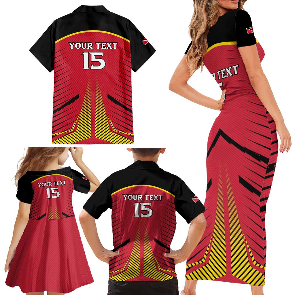 Custom Trinidad and Tobago Cricket Family Matching Short Sleeve Bodycon Dress and Hawaiian Shirt Wave Yuh Flag - Trinbago Strong