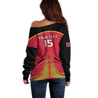 Custom Trinidad and Tobago Cricket Off Shoulder Sweater Wave Yuh Flag - Trinbago Strong