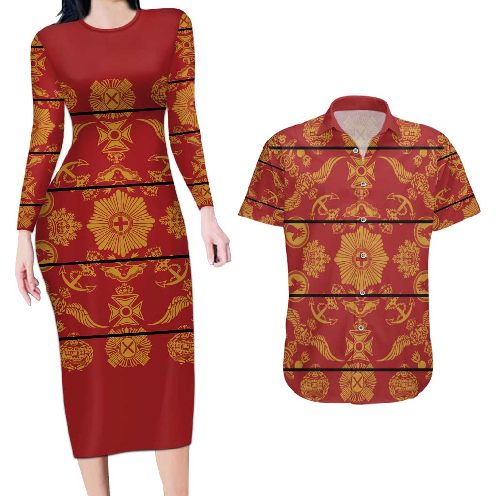 Lesotho Seanamarena Kharetsa Royal Red Couples Matching Long Sleeve Bodycon Dress and Hawaiian Shirt Basotho Traditional Blanket Style - Wonder Print Shop